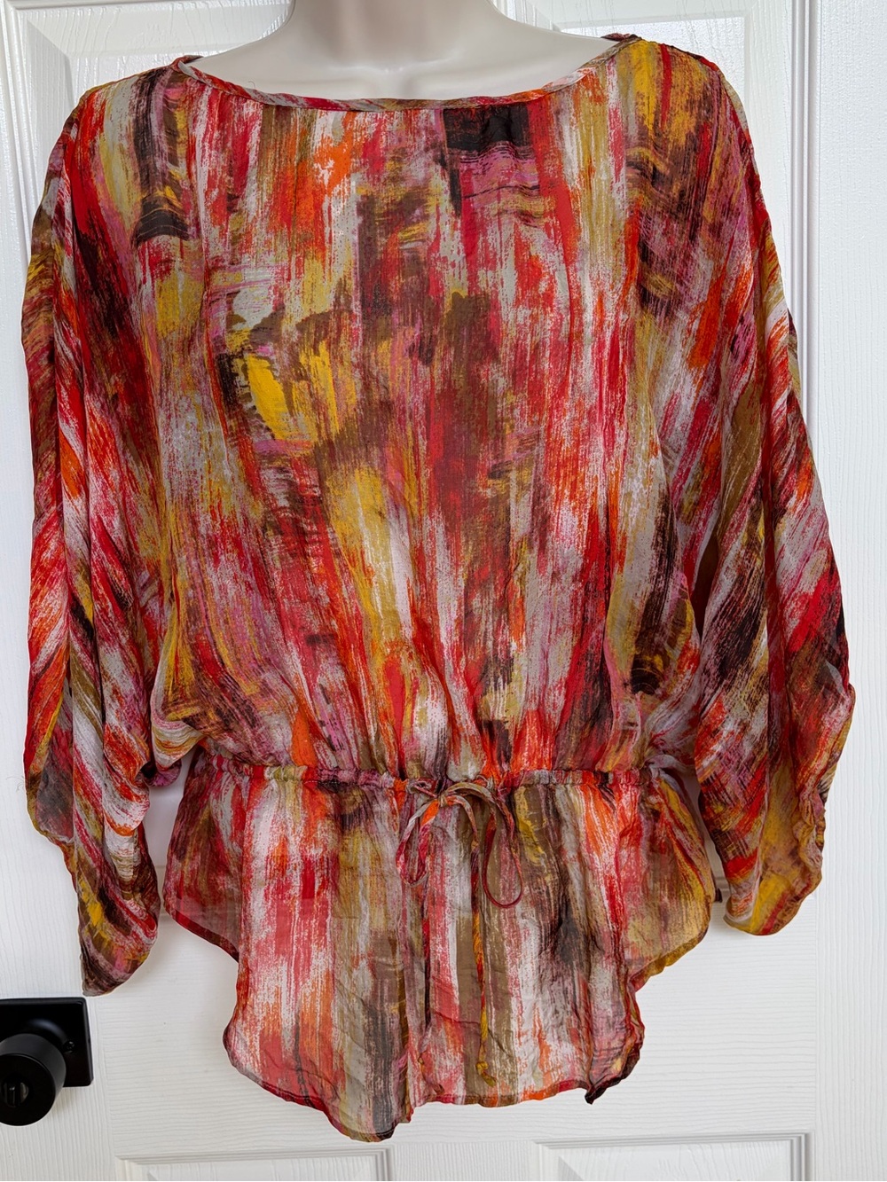 Karen Kane 100% Silk Sheer Abstract Watercolor Kimono Sleeve Blouse Size Small